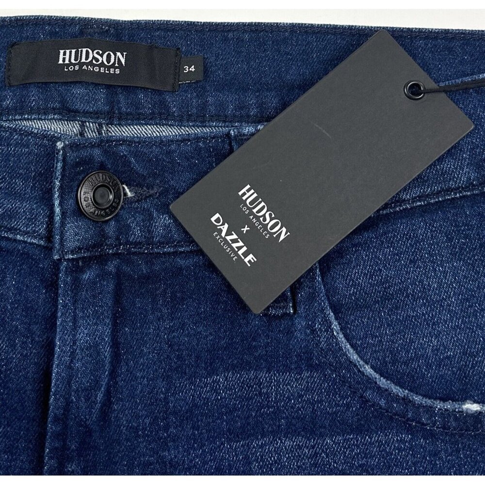 Hudson Zach Skinny Mens 34 Dark Blue Jeans Distressed Stretch Reinforced Knees - Picture 4 of 9